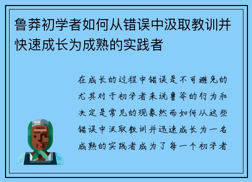 鲁莽初学者如何从错误中汲取教训并快速成长为成熟的实践者