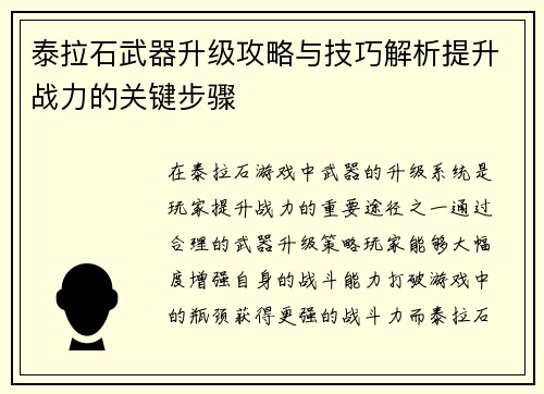 泰拉石武器升级攻略与技巧解析提升战力的关键步骤